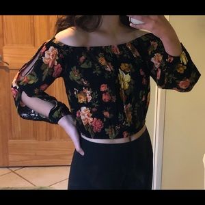 Black Flower Print Off The Shoulder Blouse